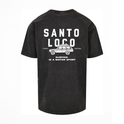 SantoLoco Lisboa Surfing is a MotorSport Black Washed T-Shirt