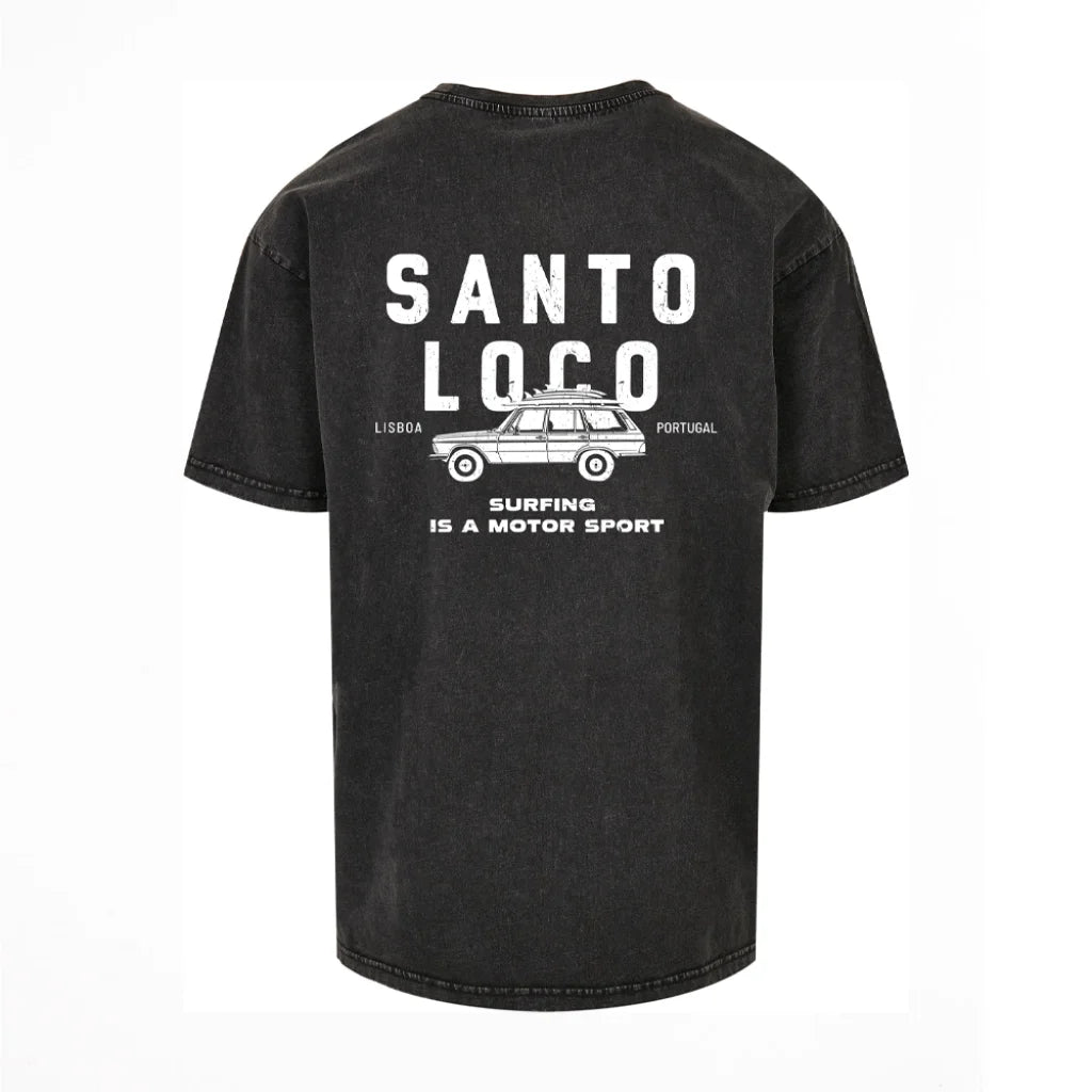 SantoLoco Lisboa Surfing is a MotorSport Black Washed T-Shirt