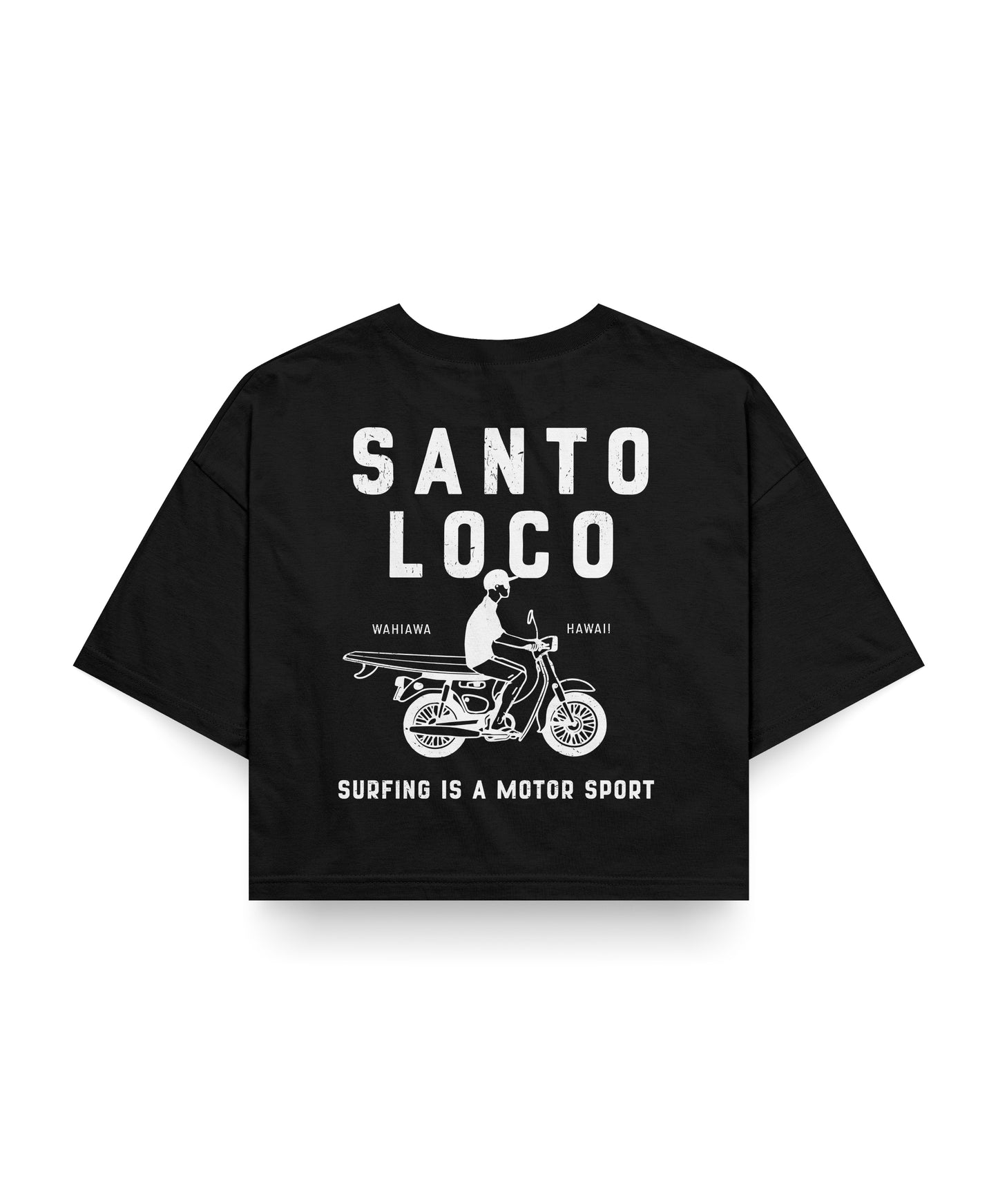 SantoLoco Hawaii Surfing is a MotorSport Black Cropped T-Shirt