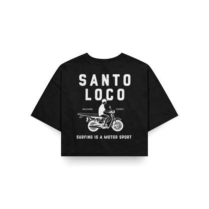 SantoLoco Hawaii Surfing is a MotorSport Black Cropped T-Shirt