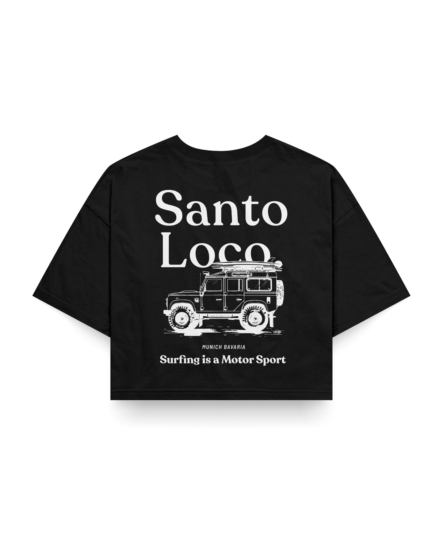 SantoLoco Munich Surfing is a MotorSport Black Cropped T-Shirt