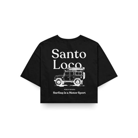 SantoLoco Munich Surfing is a MotorSport Black Cropped T-Shirt