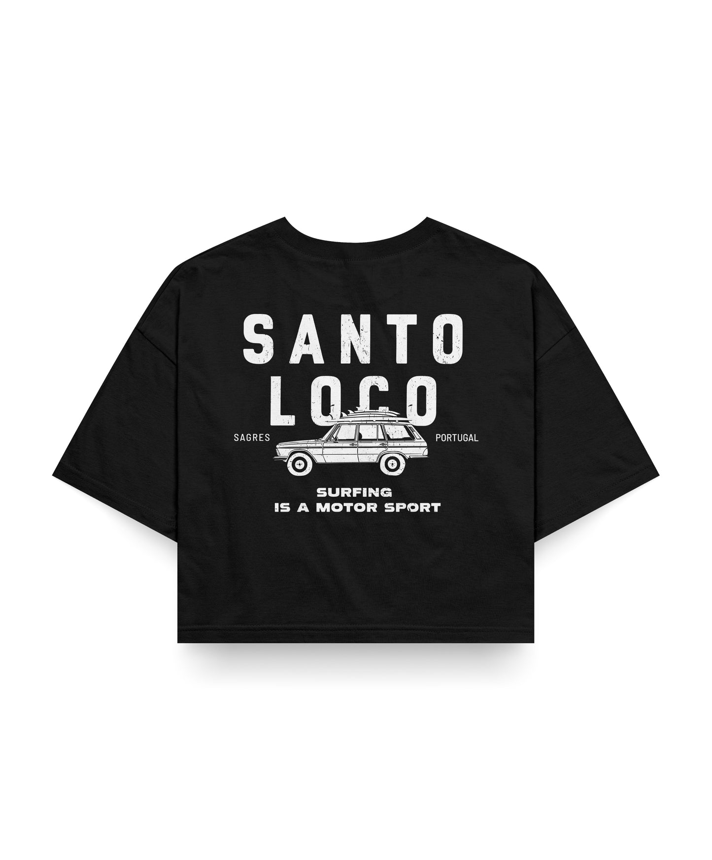 SantoLoco Sagres Surfing is a MotorSport Black Cropped T-Shirt