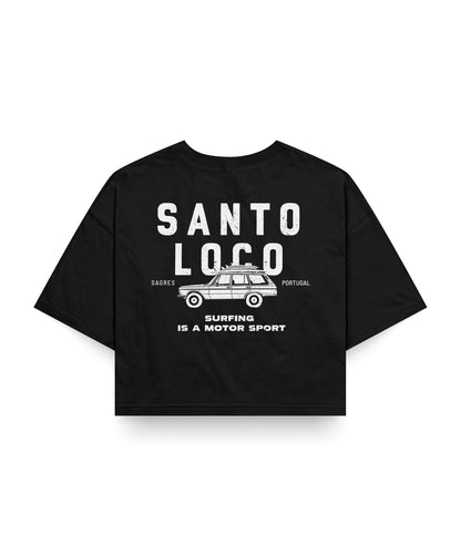 SantoLoco Sagres Surfing is a MotorSport Black Cropped T-Shirt