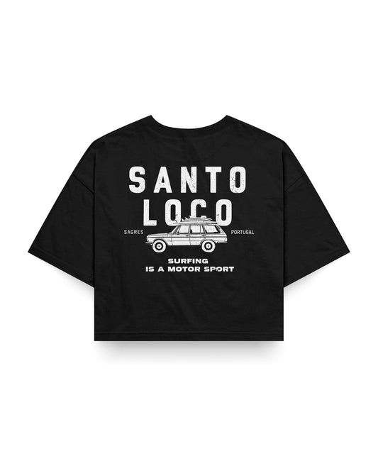 SantoLoco Sagres Surfing is a MotorSport Black Cropped T-Shirt