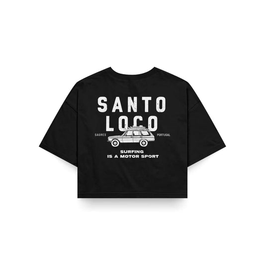 SantoLoco Sagres Surfing is a MotorSport Black Cropped T-Shirt