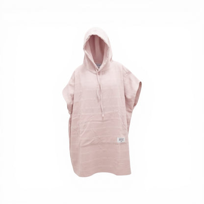 SantoLoco pink cotton striped poncho with hood and front pocket. Perfect for beach or home.