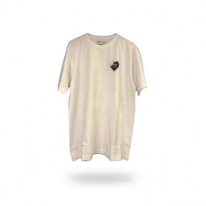 SantoLoco white cotton t-shirt with a black heart graphic featuring a shark in lederhosen.