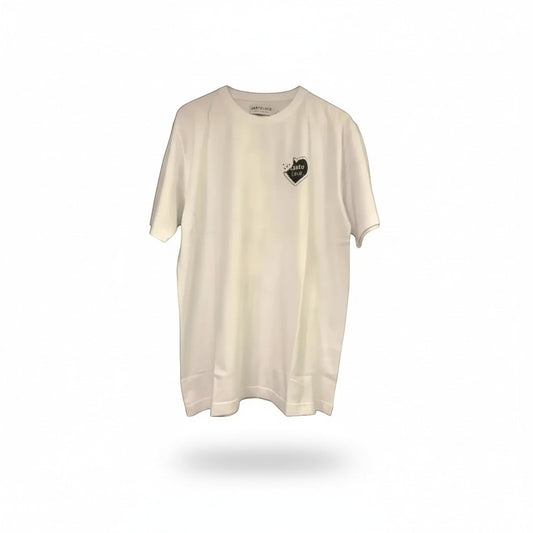 SantoLoco white cotton t-shirt with a black heart graphic featuring a shark in lederhosen.