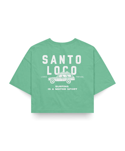 SantoLoco Lisboa Surfing is a MotorSport Green Cropped T-Shirt