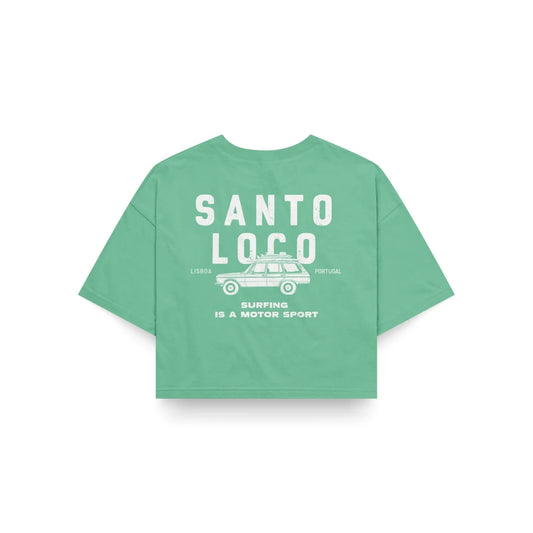 SantoLoco Lisboa Surfing is a MotorSport Green Cropped T-Shirt