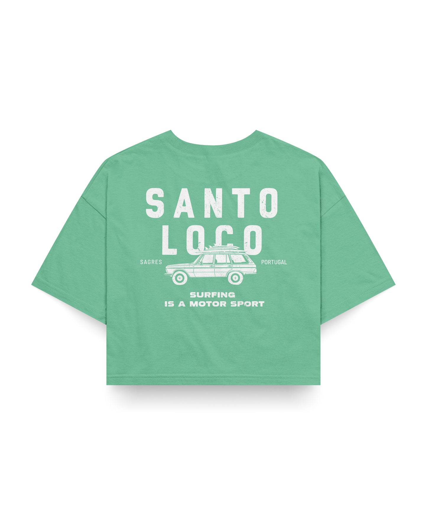 SantoLoco Sagres Surfing is a MotorSport Green Cropped T-Shirt