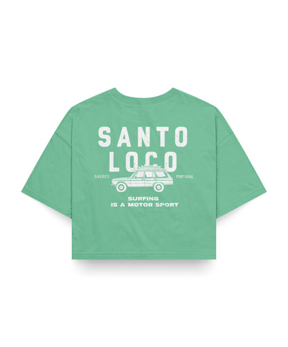 SantoLoco Sagres Surfing is a MotorSport Green Cropped T-Shirt