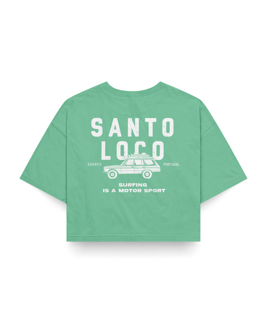 SantoLoco Sagres Surfing is a MotorSport Green Cropped T-Shirt